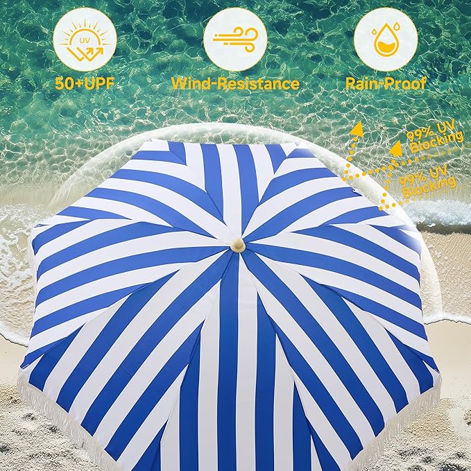 6.5FT Boho Patio Umberlla with Fringe,UPF50+ Outdoor Umbrella with Fiberglass Ribs and Push Button Tilt,Tassels Umbrella for Beach,Terrace,Picnic
