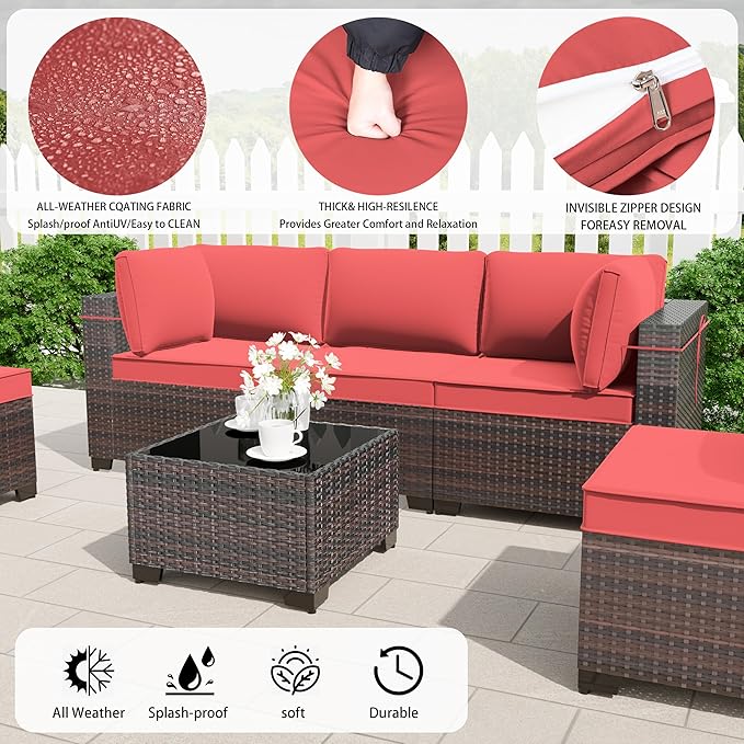 7 Pieces Outdoor Patio Furniture Set,Outdoor Sectional Furniture All Weather PE Rattan Wicker Patio Conversation Set with Coffee Table and 6 Thickened Cushions,Red