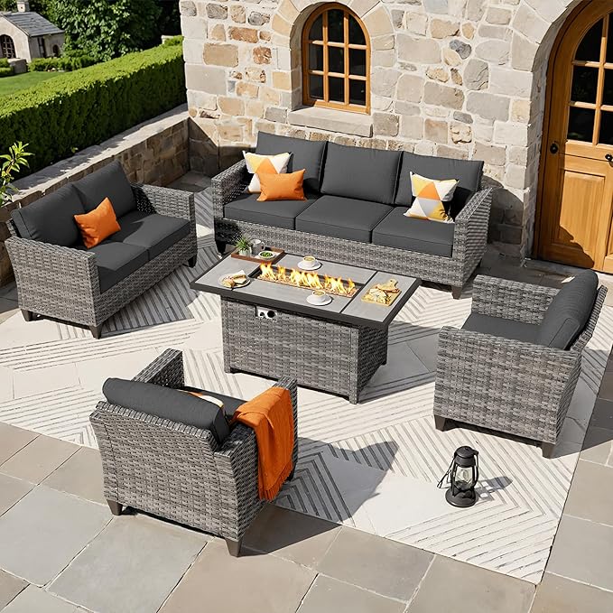 ovios 5 Pieces Patio Furniture Set, Outdoor Wicker Rattan Sofa Couch with 42" Fire Pit Table, Loveseat Chairs, Conversation Sets for Yard Porch Garden, Black