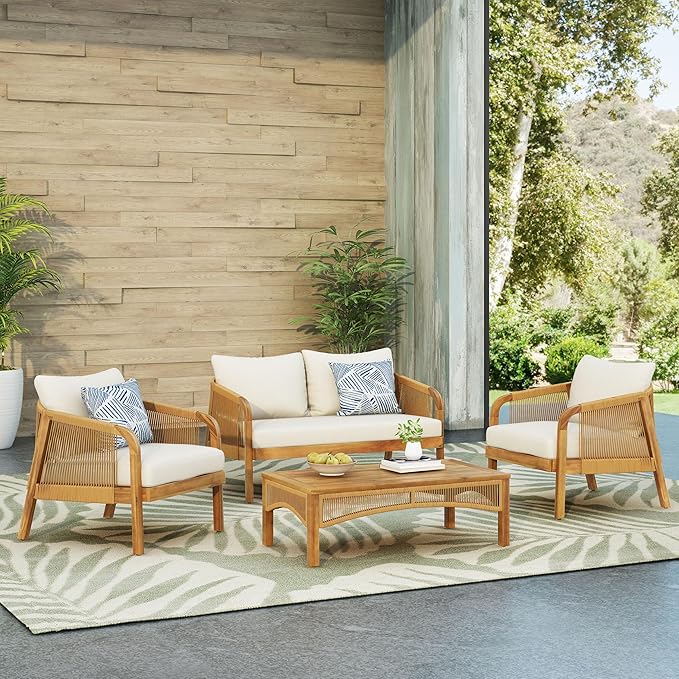 Merax 4-Piece Outdoor Acacia Wood Wicker Patio Conversation Set with Loveseat,2 Chairs and Coffetable,Deep Seating with Soft Cushion