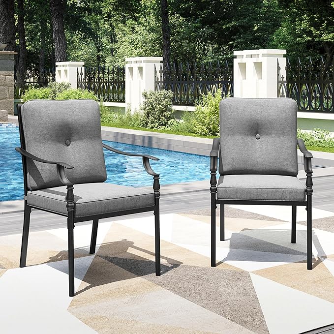 PHI VILLA Outdoor Steel Dining Chairs Set of 2, Heavy-Duty Rustproof Black Wrought Iron Armchairs with Cushions, Large Seating Furniture for Patio, Deck, Backyard, Porch