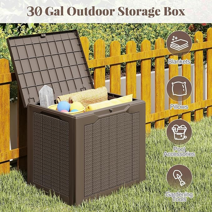 Tangkula 30 Gallon Outdoor Storage Box, Resin Outdoor Storage Bench with Lockable Lid, Waterproof Deck Box for Garden Tools, Pool Accessories, Cushions