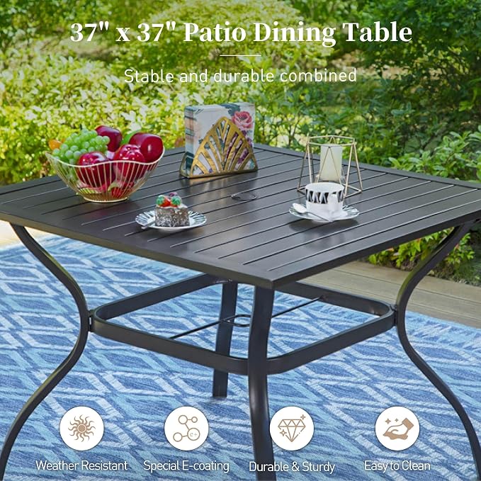 SUNSHINE VALLEY Patio Dining Set of 4, 37”Square Table with Umbrella Hole, Brown Metal Chairs x 4, Outdoor Table and Chairs for Lawn and Deck