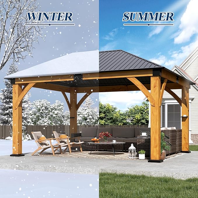 COVERONICS 13FT x 15FT Outdoor Spruce Wood Gazebo - Patio Wooden Frame Gazebo with Galvanized Steel Roof, Heavy-Duty Hardtop Gazebos for Garden, Poolside, Deck, Backyard