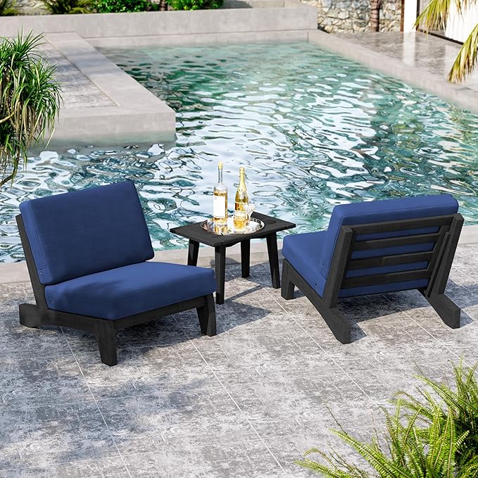 UIXE Black Wood Patio Furniture Sets, 4 Pieces All Weather Outdoor Sectional Futniture Patio Sofa Chair Backyard Conversation Set with Solid Wooden Coffee Table - Navy Blue