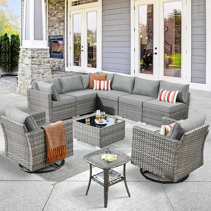 ovios Outdoor 10 Piece Coversation Set with Swivel Rocking Chair,Sectional Patio Furniture Set with All-Weather Wicker Sofa,Modern Outside Couch for Balcony Backyard Pool, Dark Grey