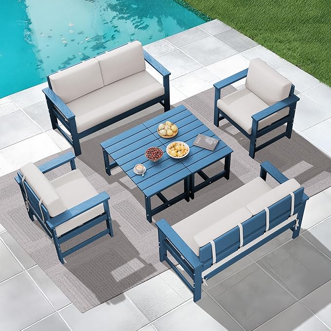 KINGYES 6 Pieces Outdoor Furniture Set, HDPE All Weather Use Conversation Couch, Blue Frame with Khaki Cushions