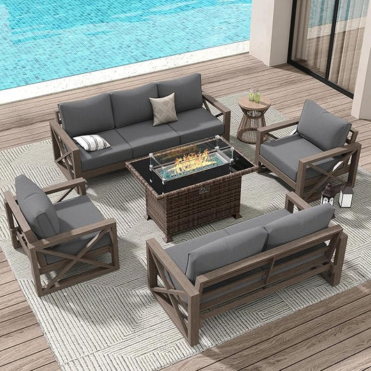 Amopatio Aluminum Patio Furniture Set with Fire Pit, 8 Pcs Metal Patio Sofa Sets with Glass Top Fire Pit Table, Modern Outdoor Furniture with 6" Cushion, Dark Grey (Included Waterproof Covers)