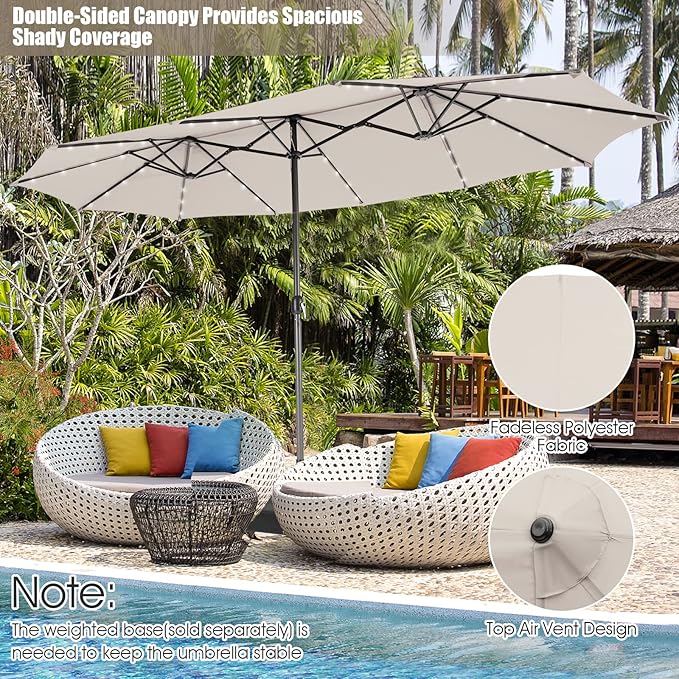 Giantex 15 FT Double Patio Umbrellas with 48 Solar LED Lights, Auto-Charging Panel, Crank System, Outdoor Extra-Large Rectangle Market Table Umbrella for Garden Deck Backyard Beach Pool