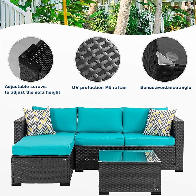 Shintenchi 3 Pcs Patio Furniture Set,Outdoor Sectional Black Wicker Patio Conversation Set,All-Weather Rattan Patio Couch with Washable Cushions and Glass Coffee Table