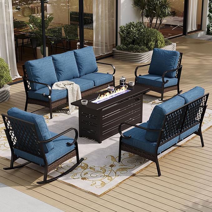 5 Piece Metal Outdoor Patio Furniture Sets with Firepit Table, Patio Conversation Sets 1 3-Seater Sofa, 2-Seater Loveseat, 2 Rocking Chair with 5.75" Cushion for Backyard Deck, Blue-2