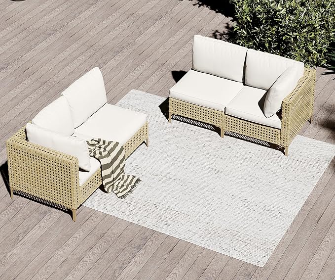 LHBcraft 4 Piece Wicker Patio Furniture Set Boho, Modular Outdoor Couch, Outdoor Conversation Set Sectional Sofa with Water Resistant Fluffy Cushions and Coffee Table, Beige