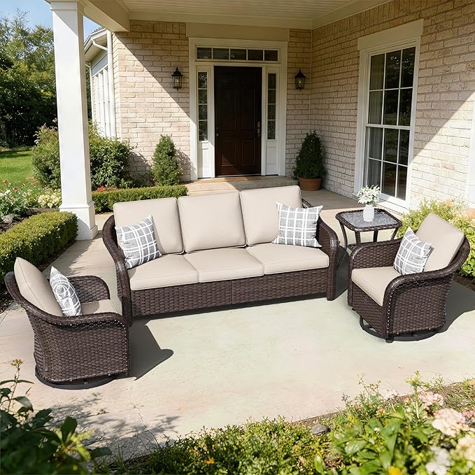 4 PCS Patio Conversation Set | 78" Couch, 2 Swivel Chairs, 1 Side Table， Outdoor Wicker Conversation Furniture with Removable Cushions for Bistro, Deck, Sunroom(Beige)
