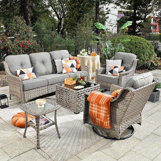 Patio Conversation Set,5 Pieces Wicker Patio Furnitures with Swivel Chair and Coffee Table,All Weather Patio Furniture Set for Garden,Backyard,Poolside and Patio,Dark Gray