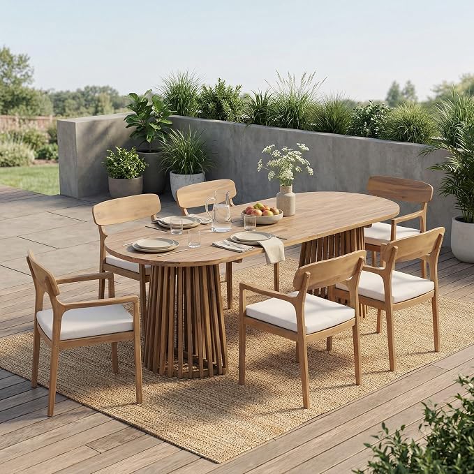 Christopher Knight Home Zoa Acacia Wood Dining Set for 6, Outdoor Dining Table with Dual Slatted Pedestal Bases, Outdoor Dining Chairs with Cushions, 7 Piece Patio Dinner Set, Beige/Light Teak/Brown