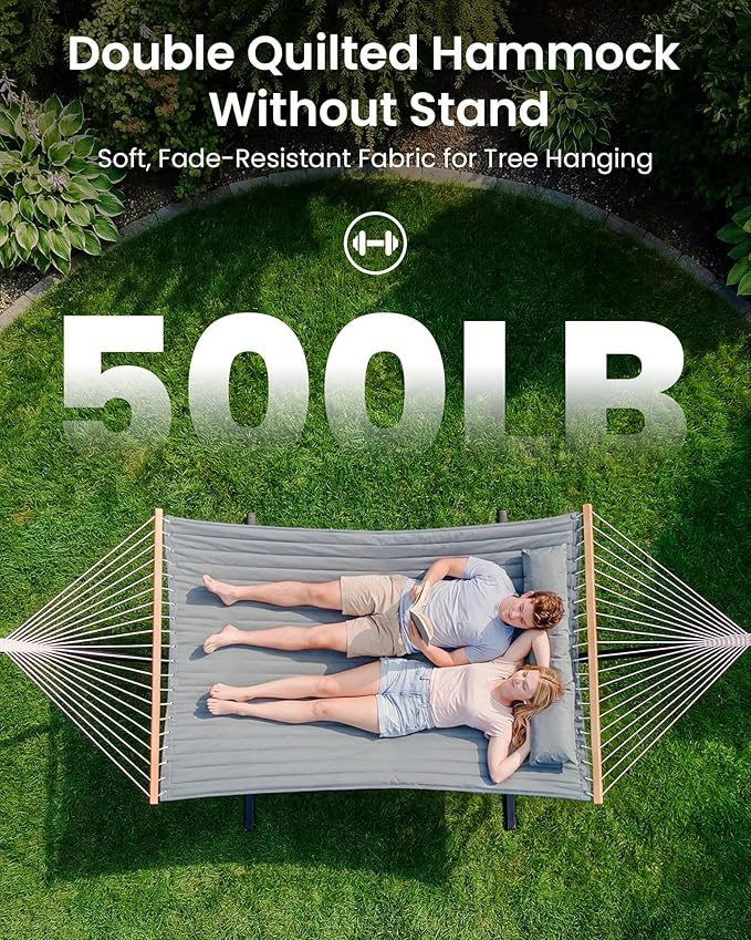 Double Hammock with Spreader Bar & Pillow, 2-Person Portable Hammock, 500lbs Capacity for Outdoor Camping, Patio, Backyard, Garden, Beach & Travel Relaxation – Gray