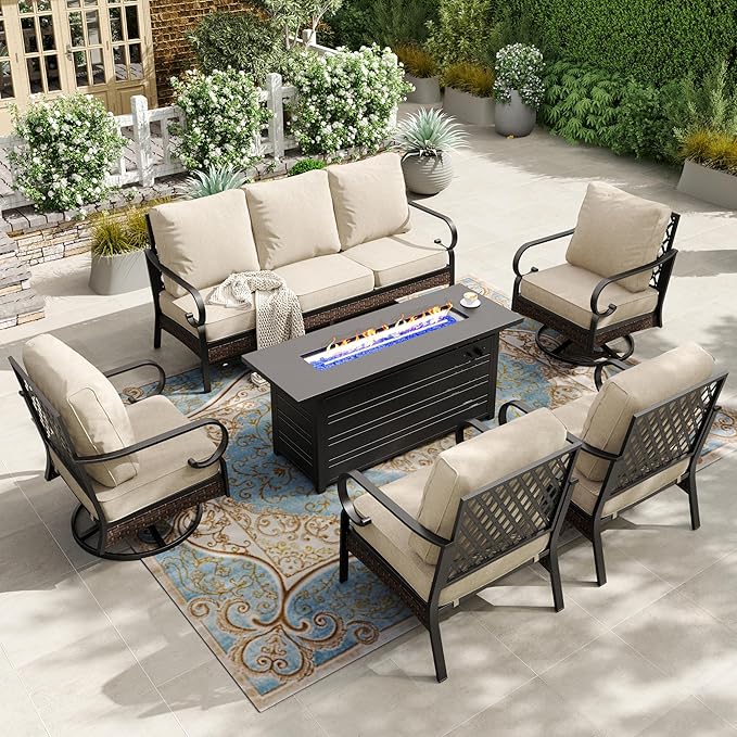 HERA'S HOUSE 6 Piece Metal Patio Furniture Set with 56" Fire Pit Table, All Weather Outdoor Conversation Set, 3 Seat Sofa, 2 Swivel Chairs, 2 Fixed Chairs, Seats 7 for Backyard, Garden, Deck, Beige
