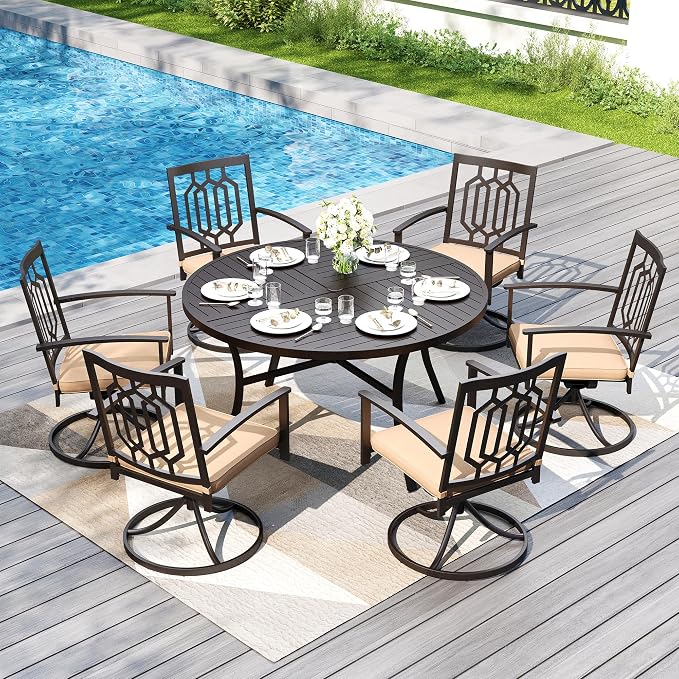 PHI VILLA 7 Pcs Outdoor Dining Set, 54" Round Table& Swivel Chairs | Black Wrought Iron Table w/ Umbrella Hole & Swivel Metal Chairs,Patio Furniture Set for Patio,Porch,Deck,Backyard
