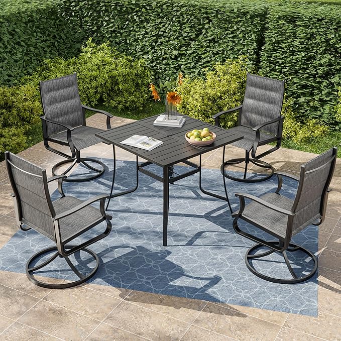 UDPATIO 5 Piece Outdoor Patio Table and Chairs Set with 37" Square Table with Umbrella Hole, Outdoor Swivel Dining Chairs, Patio Table with Chairs, Outdoor Patio Dining Set for Lawn, Deck, Yard
