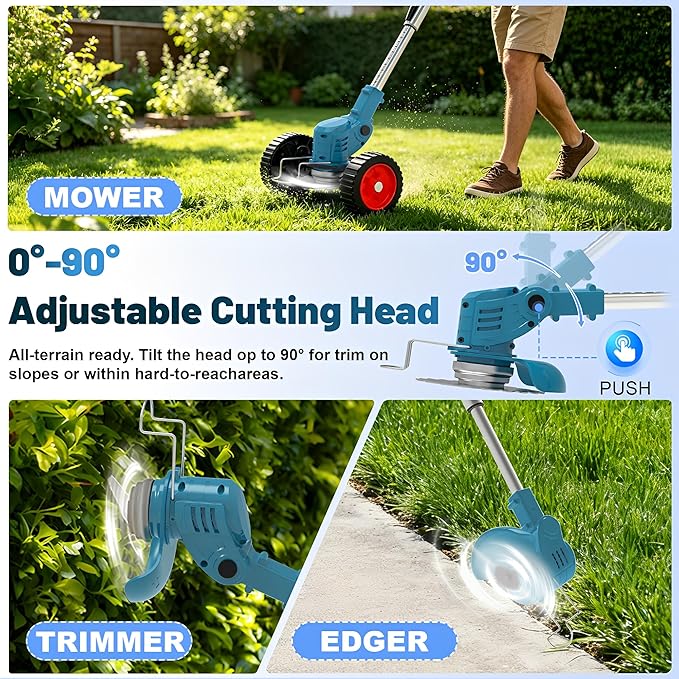 Cordless Weed Wacker Electric Eater 21V Stringless String Trimmers Battery Powered 3-in-1 Grass Trimmer/Lawn Edger/Brush Cutter with 4 Types Blades & Wheels for Garden Yard