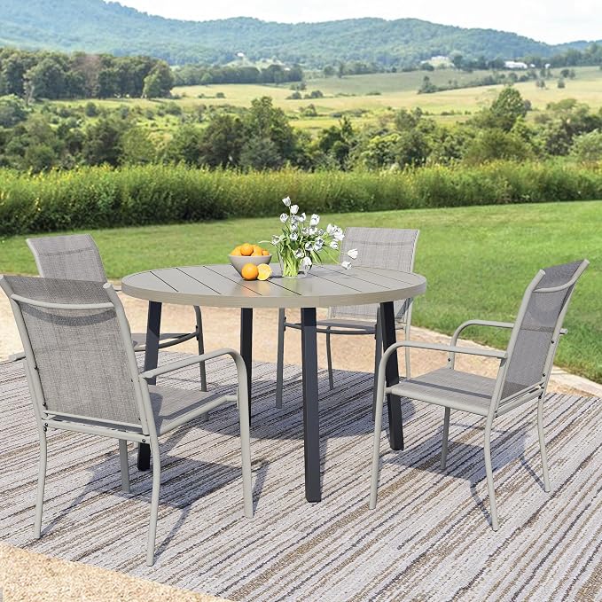 5-Piece Patio Furniture Set, Patio Table and Chairs Set of 4, Ivory Round Patio Table and Grey Chairs, Patio Furniture Set for Garden, Yard, Patio