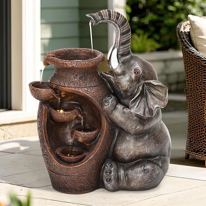 19" H Elephant Jar Outdoor Water Fountain, Rustic Farmhouse Water Feature with Tranquil Cascading Waterfall, Relaxing Garden Patio Yard Deck Kitchen Floor Tabletop Decor