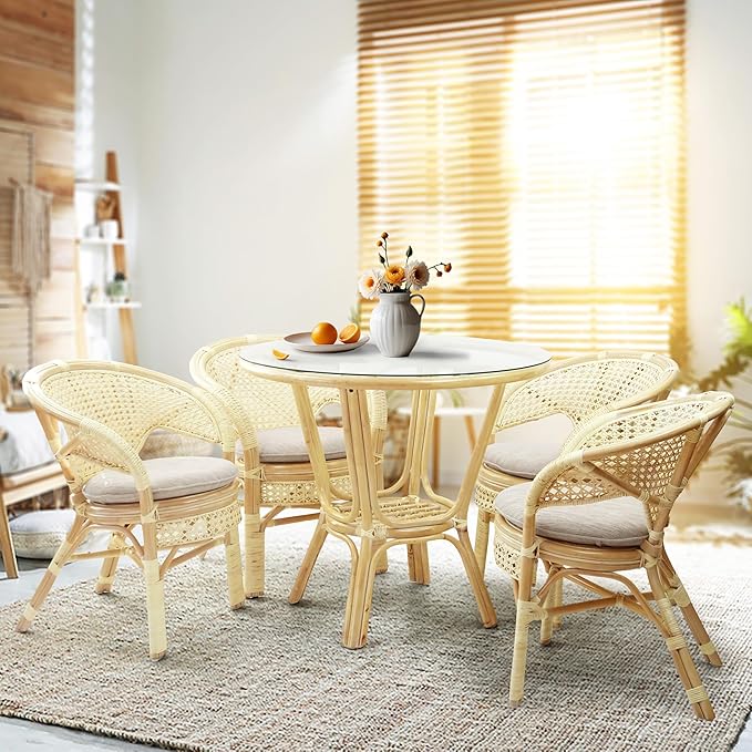 3 Pcs Pelangi Rattan Wicker Dining Set Round Table Glass Top and 2 Arm Chairs with Cream Cushion, Natural Color
