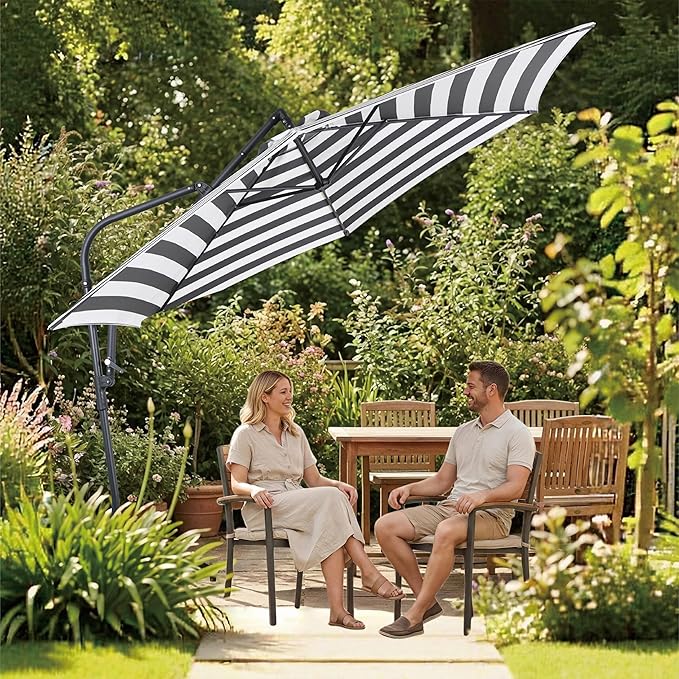 10FT Offset Patio Umbrella, Cantilever Hanging Umbrella with Infinite Tilt, Fade-Resistant Water-Repellent Canopy & Cross Base for Yard, Garden & Deck