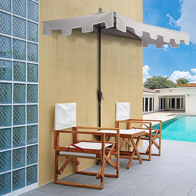 JONATHAN Y Sidney Coastal 9 ft. Gray Half Umbrella for Outdoor Patio, Space-Saving Rectangular Wall Sun Shade with Crank Lift, UV Protection for Balcony, Deck, Dark Brown Pole UMB1200A
