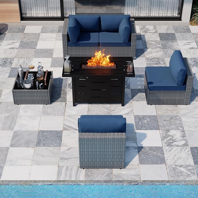 SUNLEI 5 Piece Outdoor Patio Furniture Set with Fire Pit Table, Silver PE Rattan Wicker Conversation Sofa Set with Blue Cushions, All Weather Sectional Patio Couch for Backyard, Deck, Garden, Porch