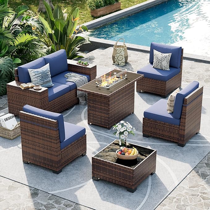 UDPATIO Patio Sectional Sofa with Fire Pit Table, 8 Inch Armrest 7-Piece Wicker Conversation with Waterproof Cover for Backyard Deck, Brown/Navy Blue