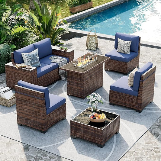UDPATIO Patio Sectional Sofa with Fire Pit Table, 8 Inch Armrest 7-Piece Wicker Conversation with Waterproof Cover for Backyard Deck, Brown/Navy Blue