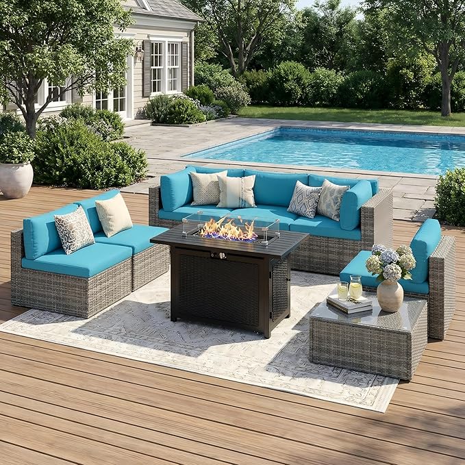 8 Pieces Outdoor Patio Furniture Set with 43" Fire Pit Table, Wicker Outdoor Patio Sectional Sofas Coffee Table, All-Weather Patio Conversation Set with Cushions for Garden Backyard, Light Blue