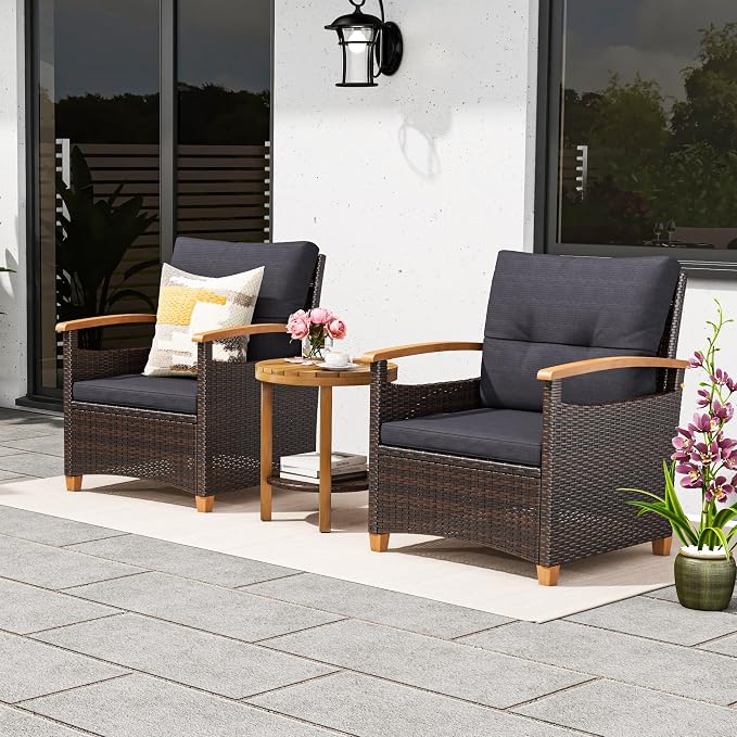 YITAHOME Wooden Armrest 3-Piece Patio Bistro Set, Wicker Bistro Set with Soft Cushions Comfort for Backyard, Balcony and Deck, Wooden Armrest and Side Table, Brown+Charcoal Gray