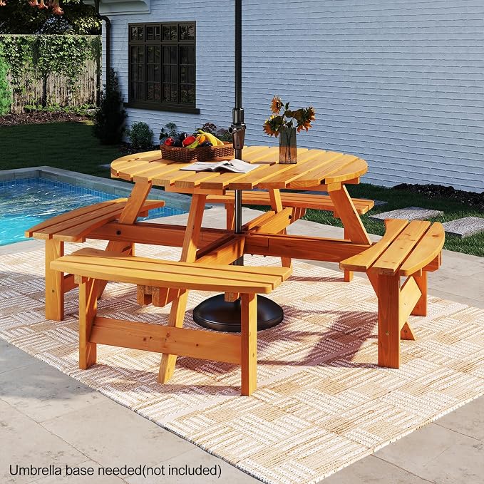 HAPPYGRILL 8-Person Wood Picnic Table Bench Set, Round Camping Table w/Umbrella Hole, Circular Outdoor Table w/4 Built-in Curved Benches, for Patio, Garden, Backyard, Porch (Yellow)