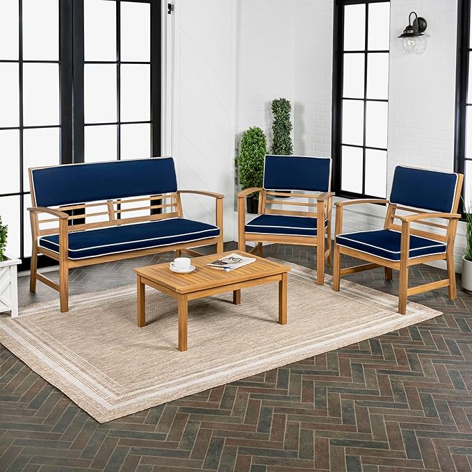 JONATHAN Y LVG1000C-4SET Barclay 4-Piece Modern Coastal Acacia Wood Conversation Outdoor Patio Set with Cushions Transitional, Classic, Traditional, Vintage, Mid-Century, Navy/Teak Brown