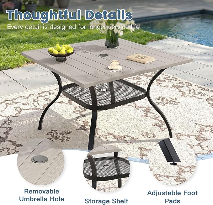 DIFY 5 Piece Outdoor Patio Dining Set for 4, Patio Table and Chairs Set with Umbrella Hole, 37.8" Square Dining Table and Stackable Metal Chairs for Backyard Garden Poolside, Grey Wood-Like & Grey