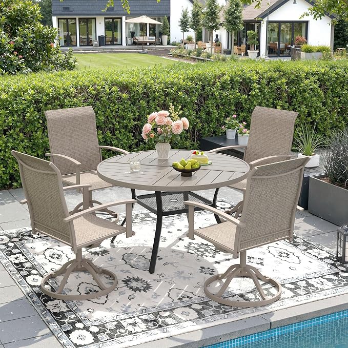 DIFY 5 Pieces Outdoor Dining Set, Metal Patio Table and Chairs Set for 4 with Umbrella Hole, 40.6" Grey Wood-Like Round Table and Sandshell Textilene Swivel Patio Chairs for Garden, Backyard, Poolside