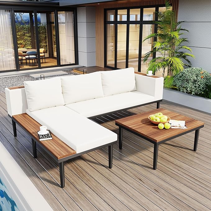 Luxury Outdoor Patio Furniture Set, L-Shaped Acacia Wood Sectional Sofa with Side Table, All-Weather Conversation Set with Removable Cushions and Coffee Table for Backyard Porch (Beige-4.20)