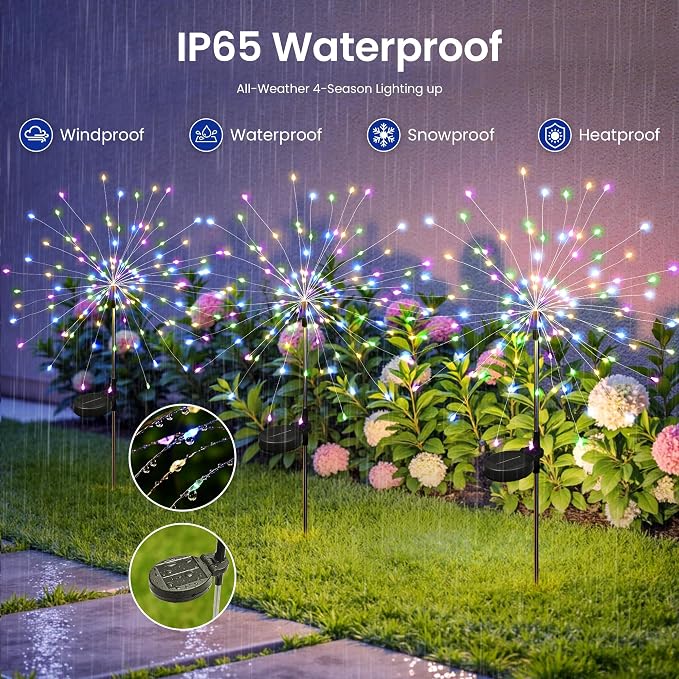 4Pack Solar Lights Outdoor, Multicolor Firework Lights | 120LED Fireworks Lights Solar Powered, Waterproof Fairy Garden Lights Decor Outside for Yard Pathway Lawn Patio
