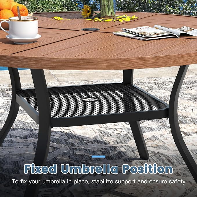 DIFY 7 Piece Outdoor Dining Set for 6, 47.2" Walnut Round Metal Dining Table with Umbrella Hole and Stackable Wicker Patio Chairs, All-Weather Patio Table and Chairs Set for Deck Garden Backyard