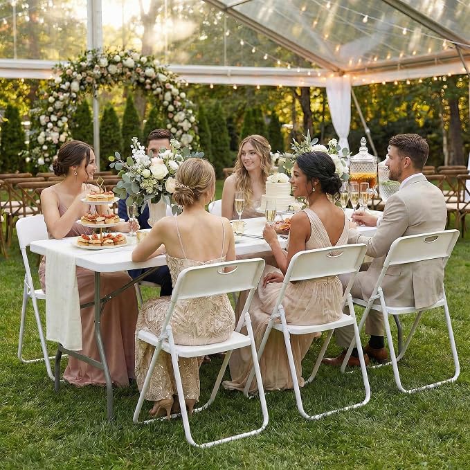 8 FT Plastic Folding Table Set with 6 White Folding Chairs for Picnic, Party, Training, Outdoor Activities, at Home and Commercial Use