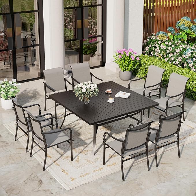 SUNSHINE VALLEY Patio Table and Chairs Set of 8, All-Weather Breathable Textilene Patio Chair with Gourd-Shaped Armrests, 60x60 Square Table with Umbrella Hole, 9 Pcs Metal Frame Patio Dining Set