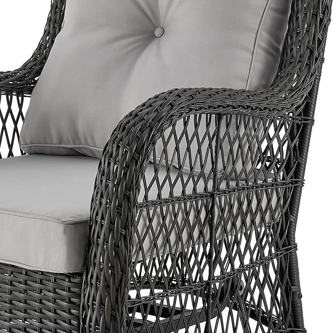 Manhattan Comfort Fruttuo 3-Piece Patio Conversation Set, Swivel Steel Rattan Chairs with Removable Cushions & Tempered Glass End Table, Weather-Resistant Outdoor Furniture for Backyard & Porch, Grey