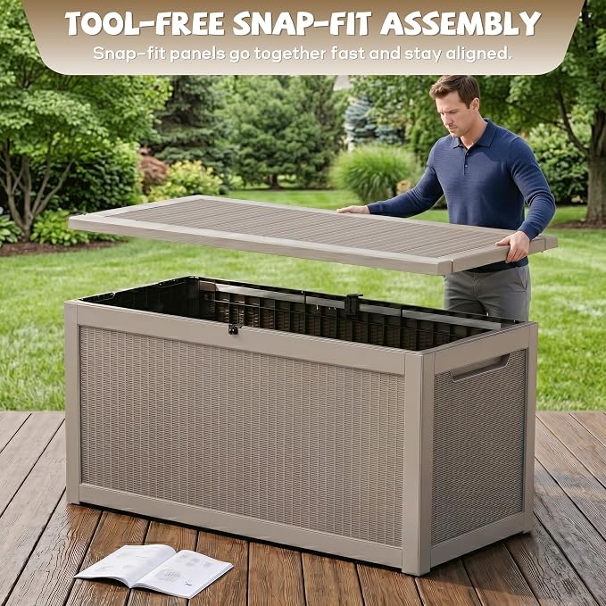 EasyUp 320 Gallon Deck Box, Large Deck Box for Indoor and Outdoor,Waterproof Storage Boxs for Patio Furniture,Garden Tools,Cushions, Lockable and UV Resistant,Easy to Install(Grey)
