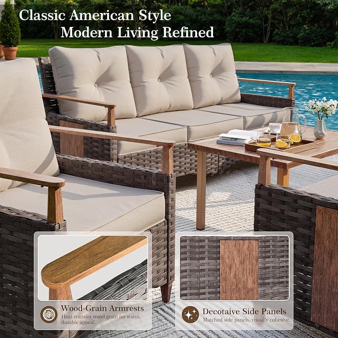 Nestnook 5 Pieces Patio Furniture Set, Outdoor Conversation Set with All-Weather Handwoven PE Wicker Sofa, Rattan Chairs and Thick Cushion, Loveseat & Coffee Table for Backyard, Deck & Poolside, Beige