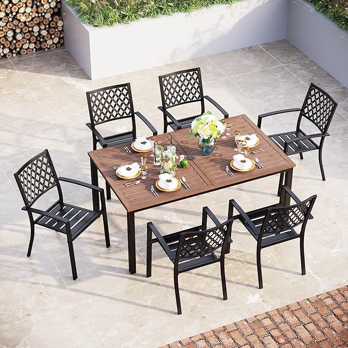 Sophia & William Patio Dining Set Outdoor Table and Chairs 7 Piece Metal Patio Table Furniture Set with Large Rectangular Dining Table for 6 Person and Stackable Outdoor Chairs Support 300LBS (Balck)