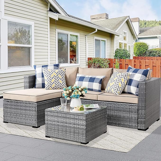 3 Pcs Patio Furniture Set,Outdoor Sectional Sofa with Washable Khaki Cushions,Silver Wicker Outdoor Conversation Set with Glass Table,All-Weather Patio Rattan Sofa Couch for Poolside,Garden,Backyard