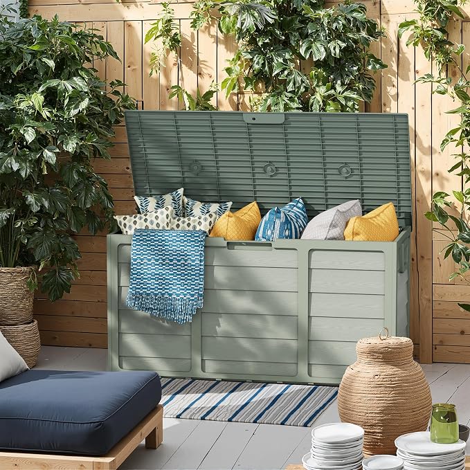 Crownland Outdoor 75 Gallon Storage Deck Box, Weatherproof Woodgrain Patio Storage Box for Balcony, Garden, Backyard (Green)
