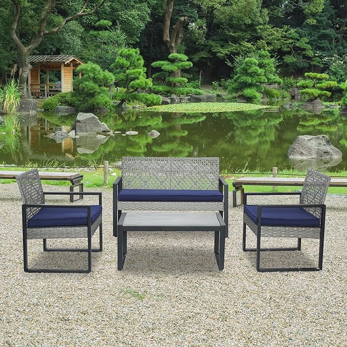 LUMISOL 4 Piece Outdoor Wicker Patio Conversation Furniture Set for Backyard, Wicker Conversation Set Outdoor with Acacia Wood Table Top, Light Gray